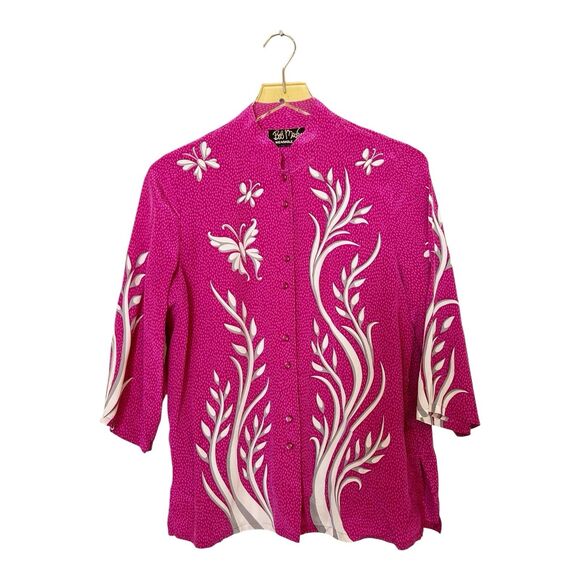 Bob Mackie Mandarin Collar Silk Butterly Button Down Blouse Pink Sz S - Picture 1 of 5